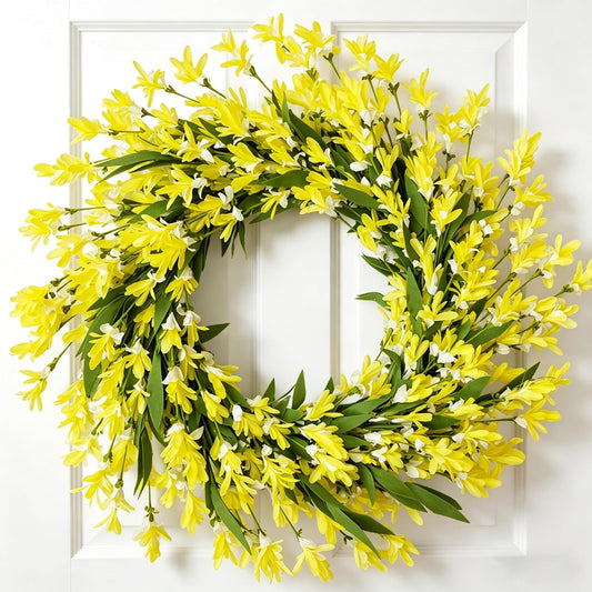 24 Inch Summer Wreath for Front Door - Yellow Artificial Flower Wreath with Green Leaves, All-Season Decor for Home Porch, Wall, Fireplace, Outdoor Indoor Spring Party Wedding Decoration