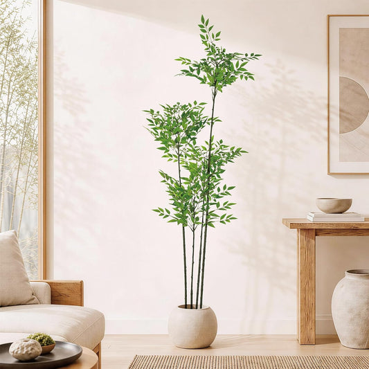 5ft Faux Nandina Domestica, Artificial Bamboo Potted Floor Plant, Realistic Low Maintenance Greenery for Indoor Outdoor Garden Entryway Office Modern Farmhouse