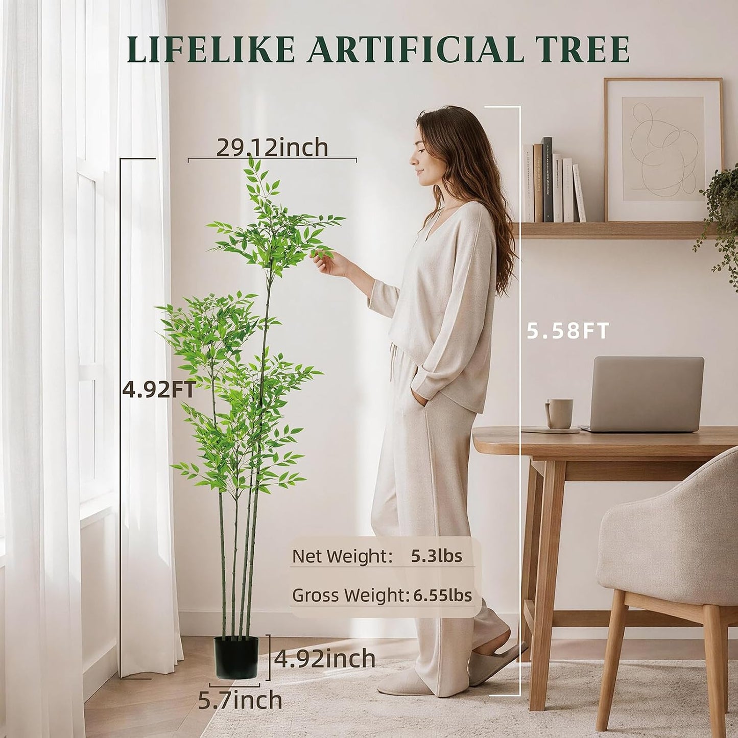 5ft Faux Nandina Domestica, Artificial Bamboo Potted Floor Plant, Realistic Low Maintenance Greenery for Indoor Outdoor Garden Entryway Office Modern Farmhouse