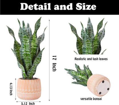 Artificial Realistic Snake Plant 16" with White Ceramic Pot | Fake Snake Plants Sansevieria Greenery Faux Snake Plant for Home Office Living Room Housewarming Gifts Indoor Decor