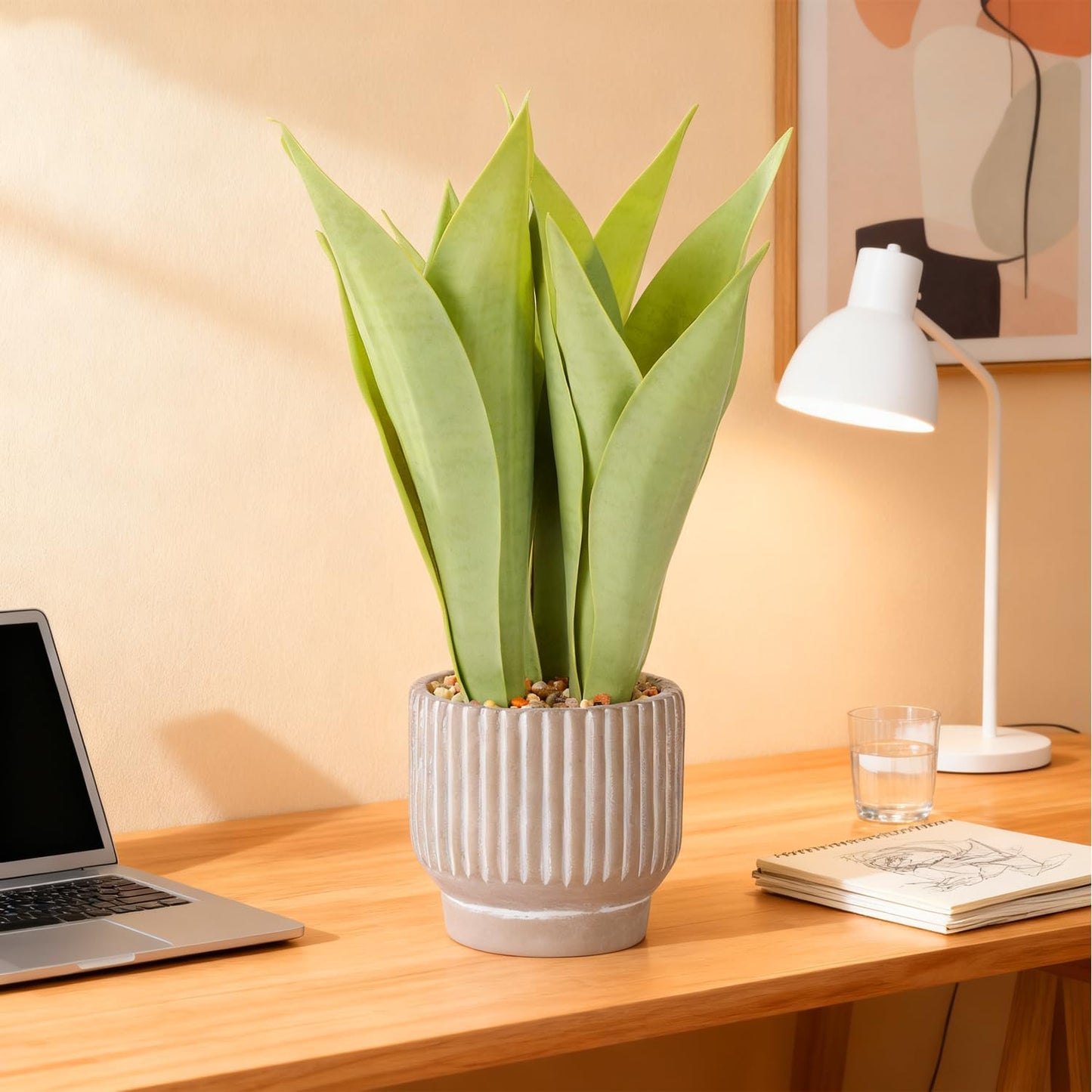 Artificial Realistic Snake Plant 16" with White Ceramic Pot | Fake Snake Plants Sansevieria Greenery Faux Snake Plant for Home Office Living Room Housewarming Gifts Indoor Decor