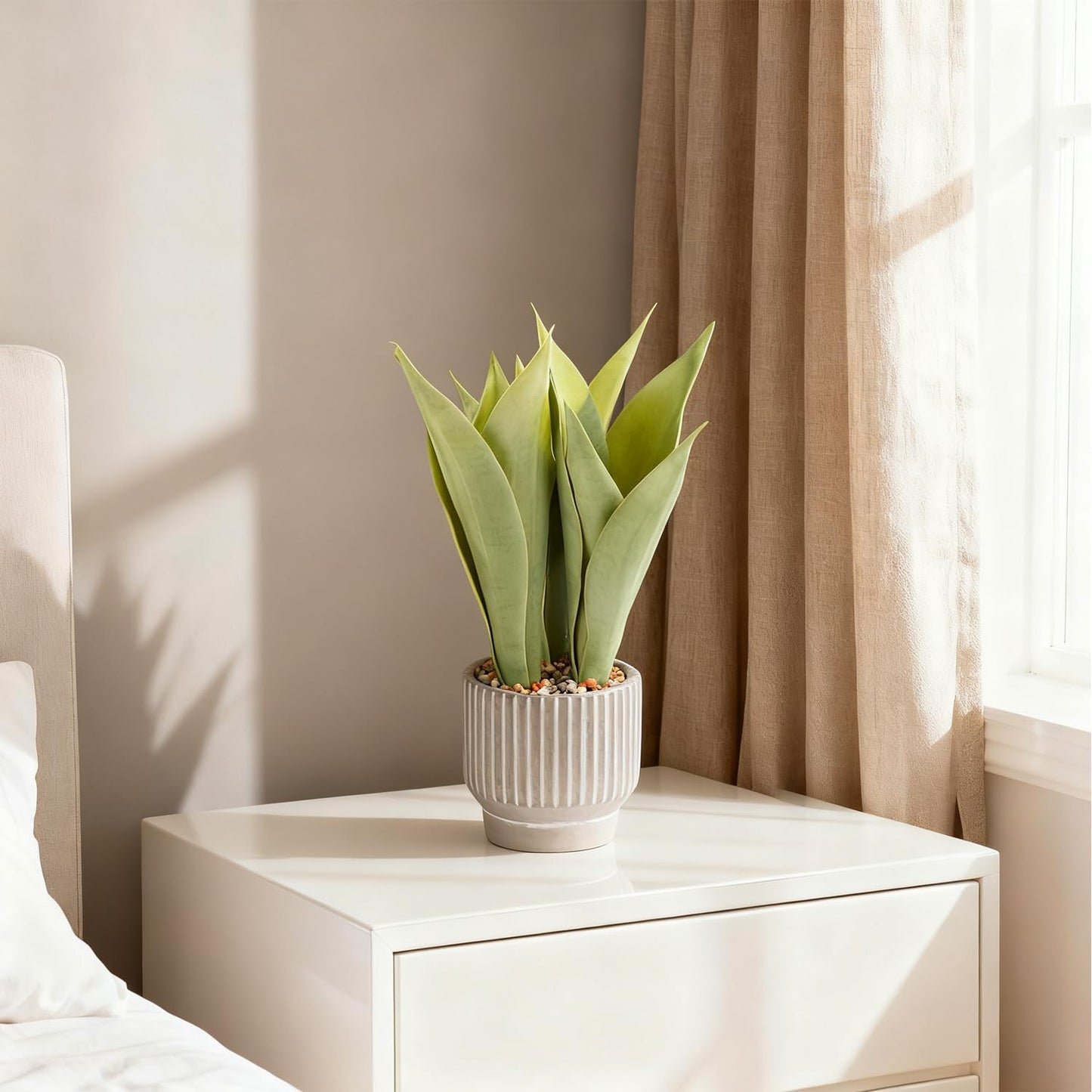 Artificial Realistic Snake Plant 16" with White Ceramic Pot | Fake Snake Plants Sansevieria Greenery Faux Snake Plant for Home Office Living Room Housewarming Gifts Indoor Decor