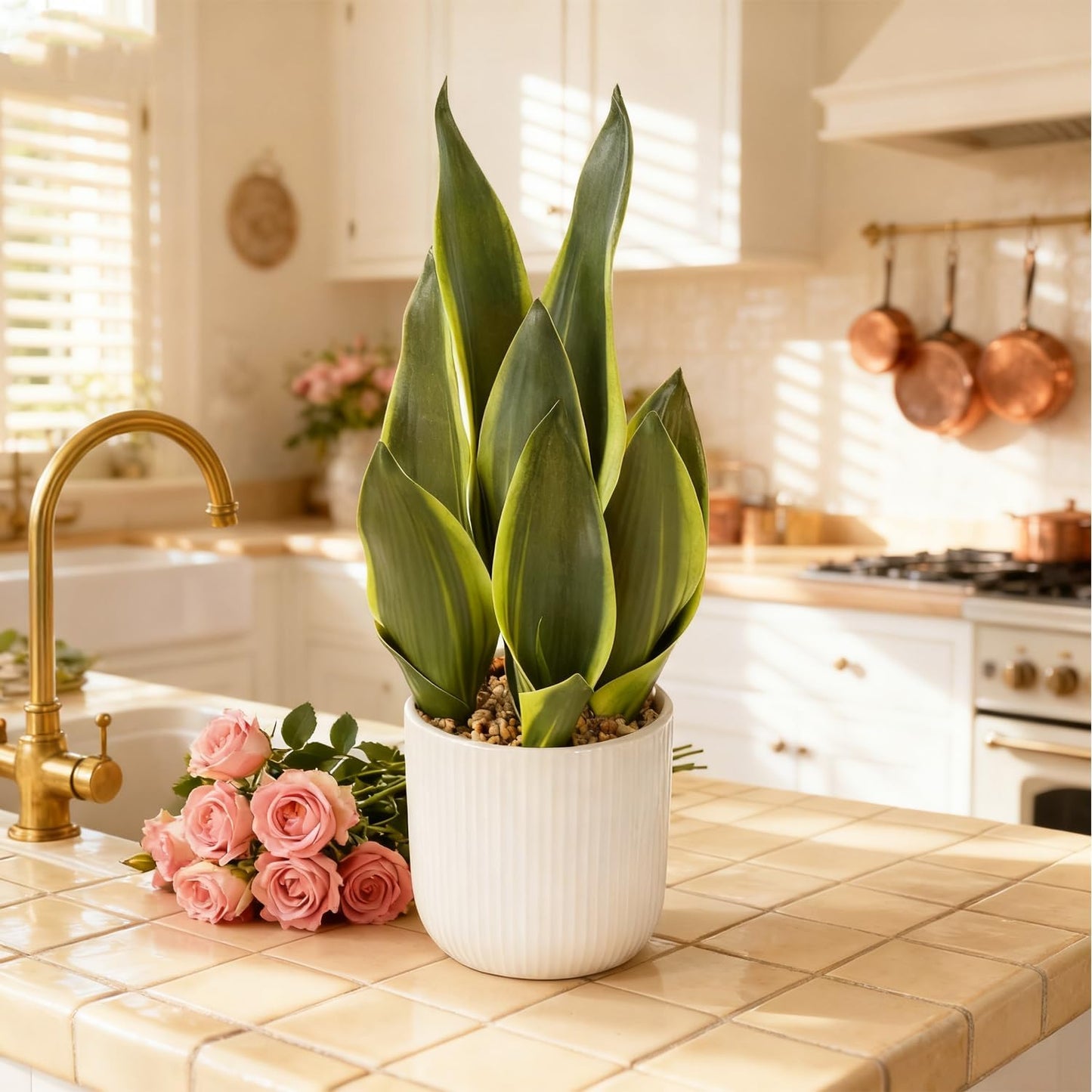 Artificial Realistic Snake Plant 16" with White Ceramic Pot | Fake Snake Plants Sansevieria Greenery Faux Snake Plant for Home Office Living Room Housewarming Gifts Indoor Decor