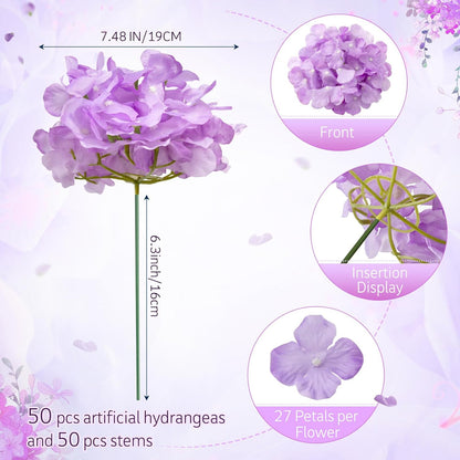 100 Pcs Hydrangea Artificial Flowers Bulk 7.48 Inch Artificial Hydrangeas with Removable Stems Faux Flowers Wedding Decor for Home Garden Party Decoration DIY Project (Lavender)