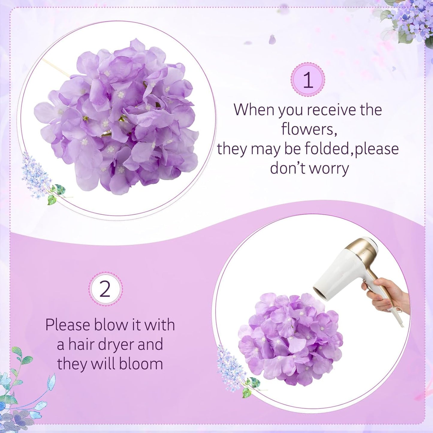 100 Pcs Hydrangea Artificial Flowers Bulk 7.48 Inch Artificial Hydrangeas with Removable Stems Faux Flowers Wedding Decor for Home Garden Party Decoration DIY Project (Lavender)