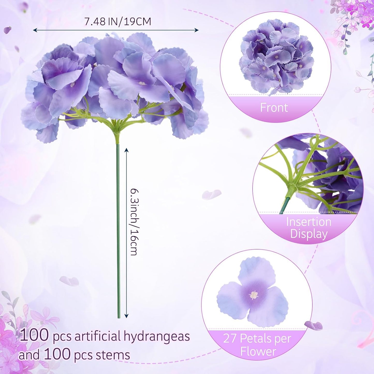 100 Pcs Hydrangea Artificial Flowers Bulk 7.48 Inch Artificial Hydrangeas with Removable Stems Faux Flowers Wedding Decor for Home Garden Party Decoration DIY Project (Lavender)