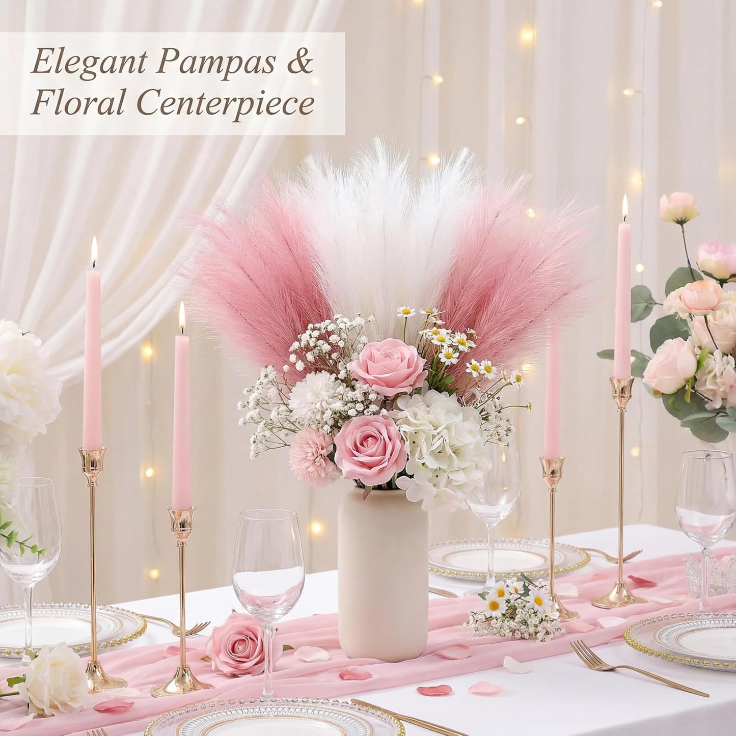30PCS Artificial Pampas Grass Decor, 21.7" Small Faux Pampas Grass No Shedding Allergy Free, Fluffy Boho Silk Flowers for Vase Filler, Home Living Room Wedding Table Centerpieces, Beige