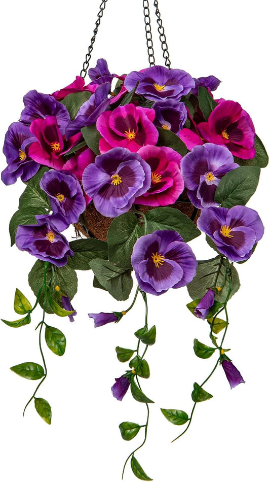 Small Fake Flowers Hanging Basket, Pansy Artificial Flowers, Realistic Silk Spring Bloom Faux Flowers, 5 ⅞’’ Coconut Basket, for Home Farmhouse Balcony Outdoor Patio Garden Decor