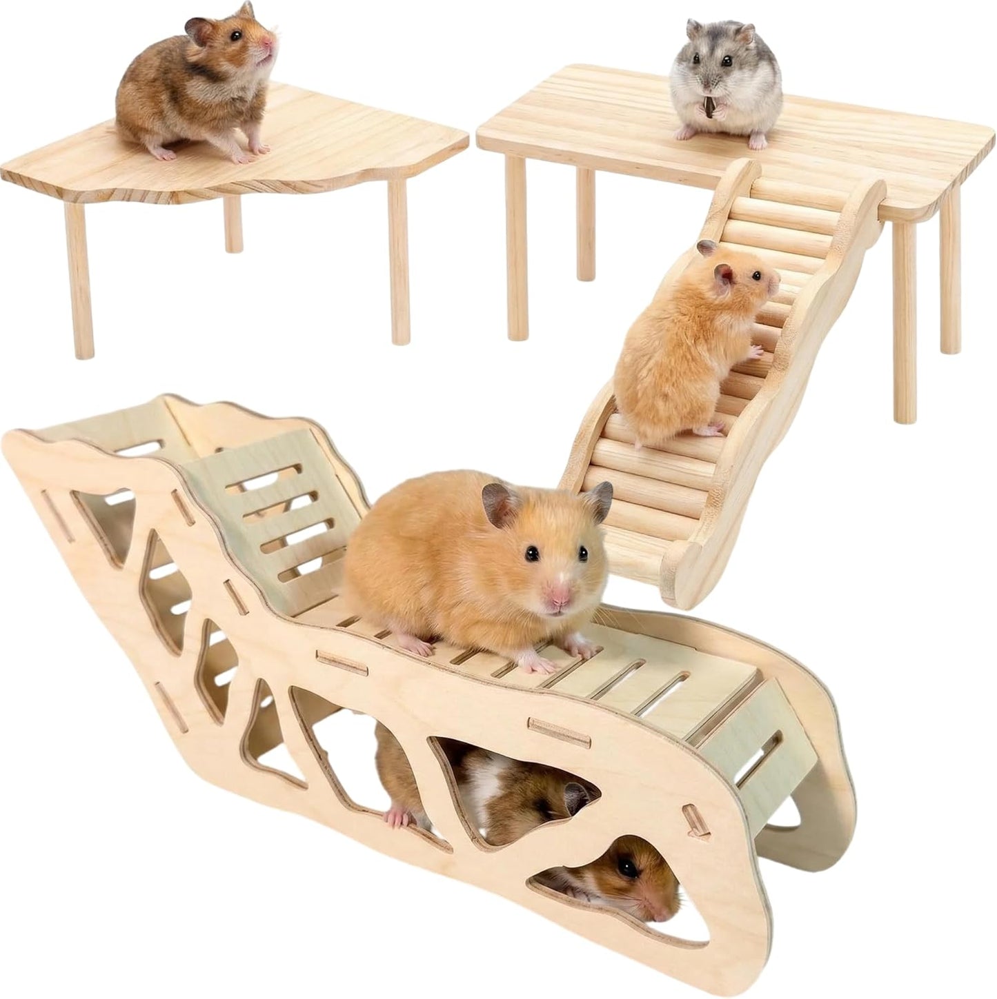 Hamster Platforms Wooden Ladder Bendy Bridge Fence Hidden Play House | Hamster Game Climbing Toy with Platform Decor Cage Accessories for Dwarf Syrian Mice Degus Gerbils Squirrel Small Pets