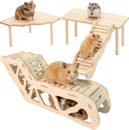 Hamster Platforms Wooden Ladder Bendy Bridge Fence Hidden Play House | Hamster Game Climbing Toy with Platform Decor Cage Accessories for Dwarf Syrian Mice Degus Gerbils Squirrel Small Pets