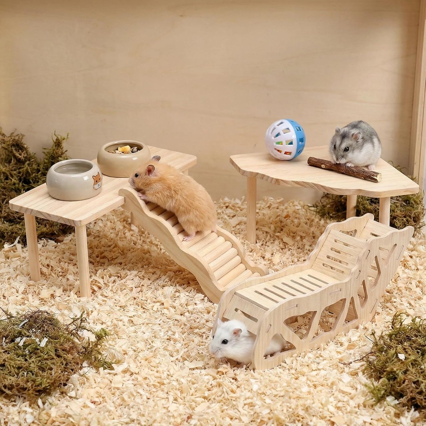 Hamster Platforms Wooden Ladder Bendy Bridge Fence Hidden Play House | Hamster Game Climbing Toy with Platform Decor Cage Accessories for Dwarf Syrian Mice Degus Gerbils Squirrel Small Pets