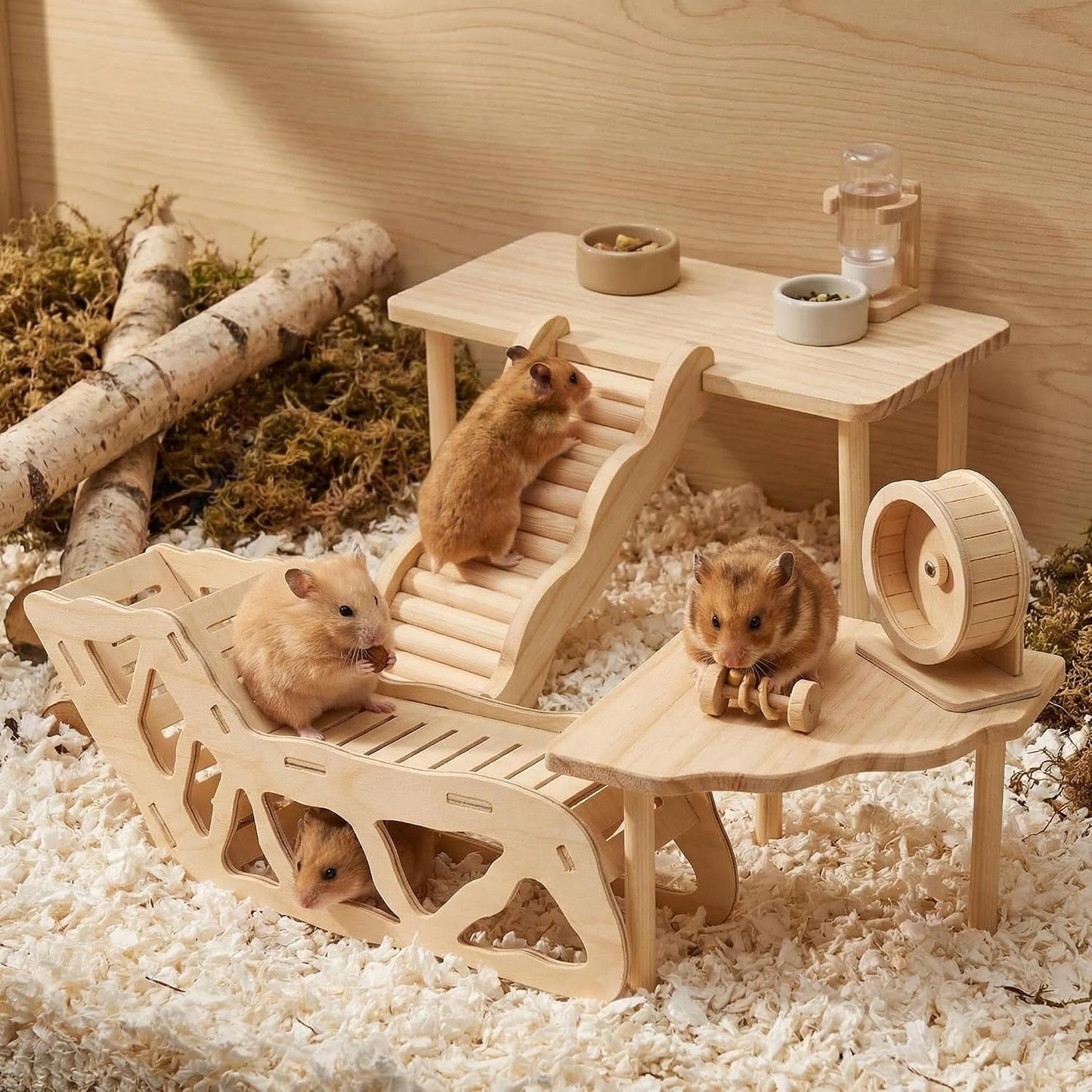 Hamster Platforms Wooden Ladder Bendy Bridge Fence Hidden Play House | Hamster Game Climbing Toy with Platform Decor Cage Accessories for Dwarf Syrian Mice Degus Gerbils Squirrel Small Pets