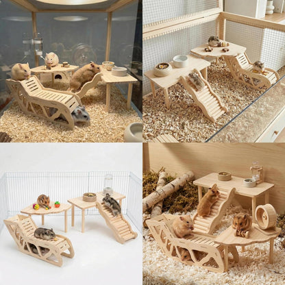 Hamster Platforms Wooden Ladder Bendy Bridge Fence Hidden Play House | Hamster Game Climbing Toy with Platform Decor Cage Accessories for Dwarf Syrian Mice Degus Gerbils Squirrel Small Pets