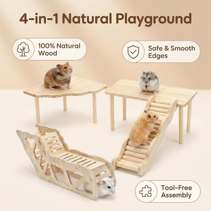 Hamster Platforms Wooden Ladder Bendy Bridge Fence Hidden Play House | Hamster Game Climbing Toy with Platform Decor Cage Accessories for Dwarf Syrian Mice Degus Gerbils Squirrel Small Pets