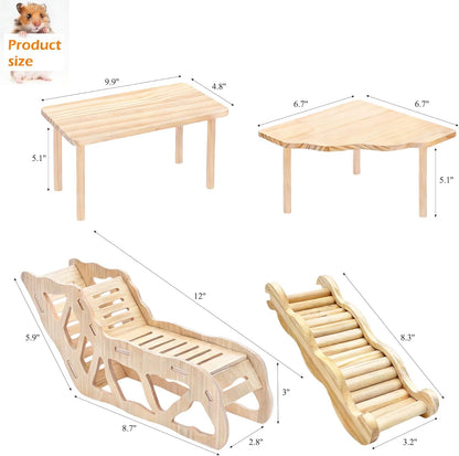 Hamster Platforms Wooden Ladder Bendy Bridge Fence Hidden Play House | Hamster Game Climbing Toy with Platform Decor Cage Accessories for Dwarf Syrian Mice Degus Gerbils Squirrel Small Pets