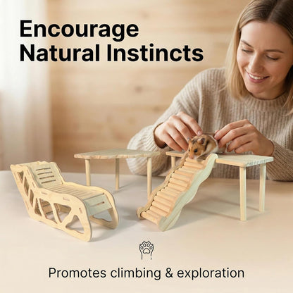 Hamster Platforms Wooden Ladder Bendy Bridge Fence Hidden Play House | Hamster Game Climbing Toy with Platform Decor Cage Accessories for Dwarf Syrian Mice Degus Gerbils Squirrel Small Pets