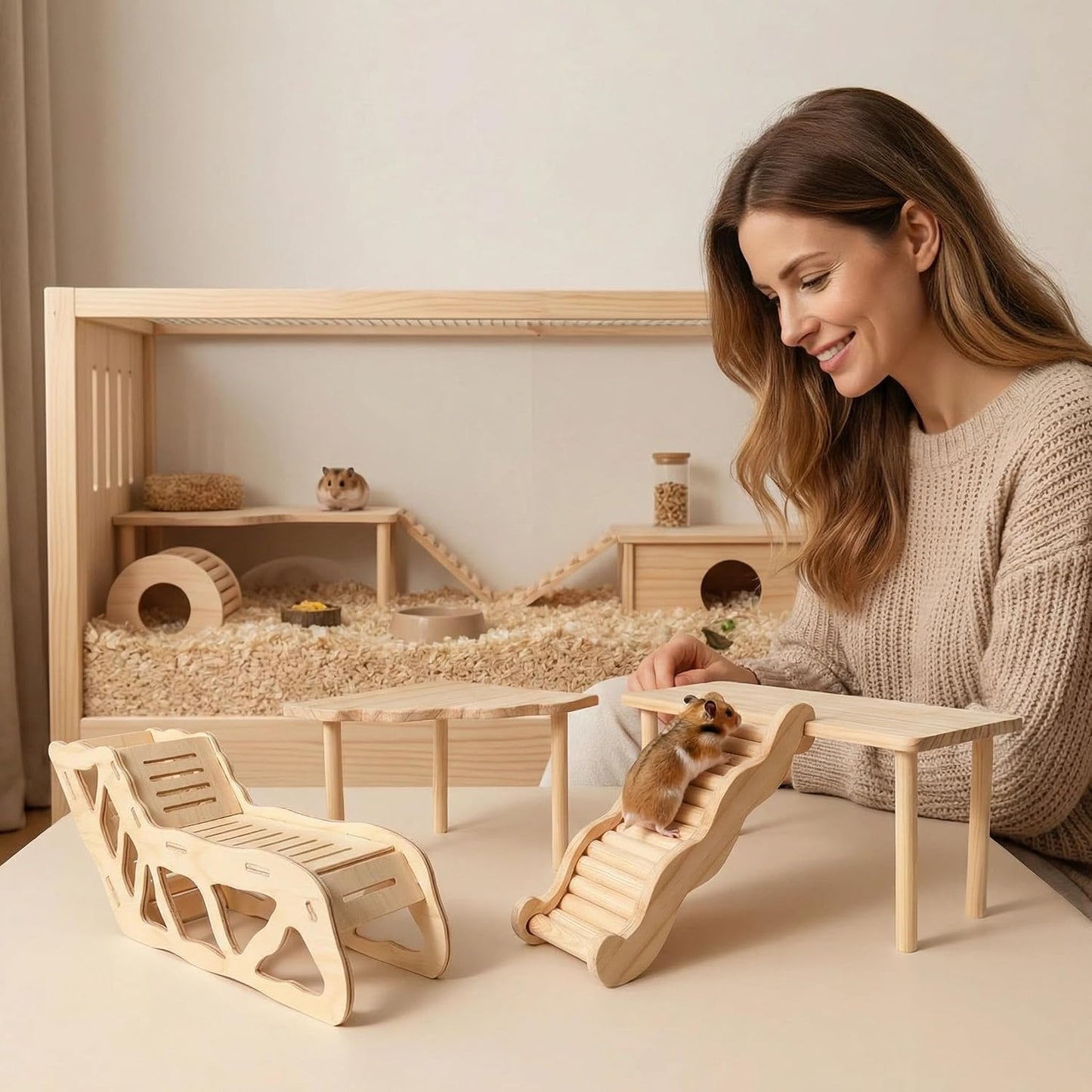 Hamster Platforms Wooden Ladder Bendy Bridge Fence Hidden Play House | Hamster Game Climbing Toy with Platform Decor Cage Accessories for Dwarf Syrian Mice Degus Gerbils Squirrel Small Pets