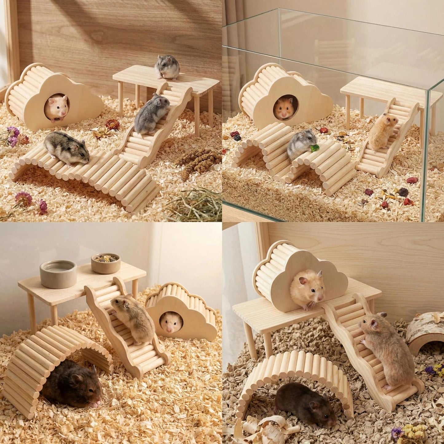 Hamster Platforms Wooden Ladder Bendy Bridge Fence Hidden Play House | Hamster Game Climbing Toy with Platform Decor Cage Accessories for Dwarf Syrian Mice Degus Gerbils Squirrel Small Pets