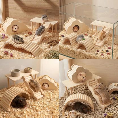 Hamster Platforms Wooden Ladder Bendy Bridge Fence Hidden Play House | Hamster Game Climbing Toy with Platform Decor Cage Accessories for Dwarf Syrian Mice Degus Gerbils Squirrel Small Pets