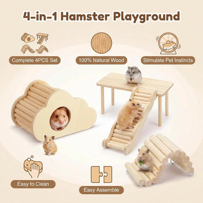 Hamster Platforms Wooden Ladder Bendy Bridge Fence Hidden Play House | Hamster Game Climbing Toy with Platform Decor Cage Accessories for Dwarf Syrian Mice Degus Gerbils Squirrel Small Pets