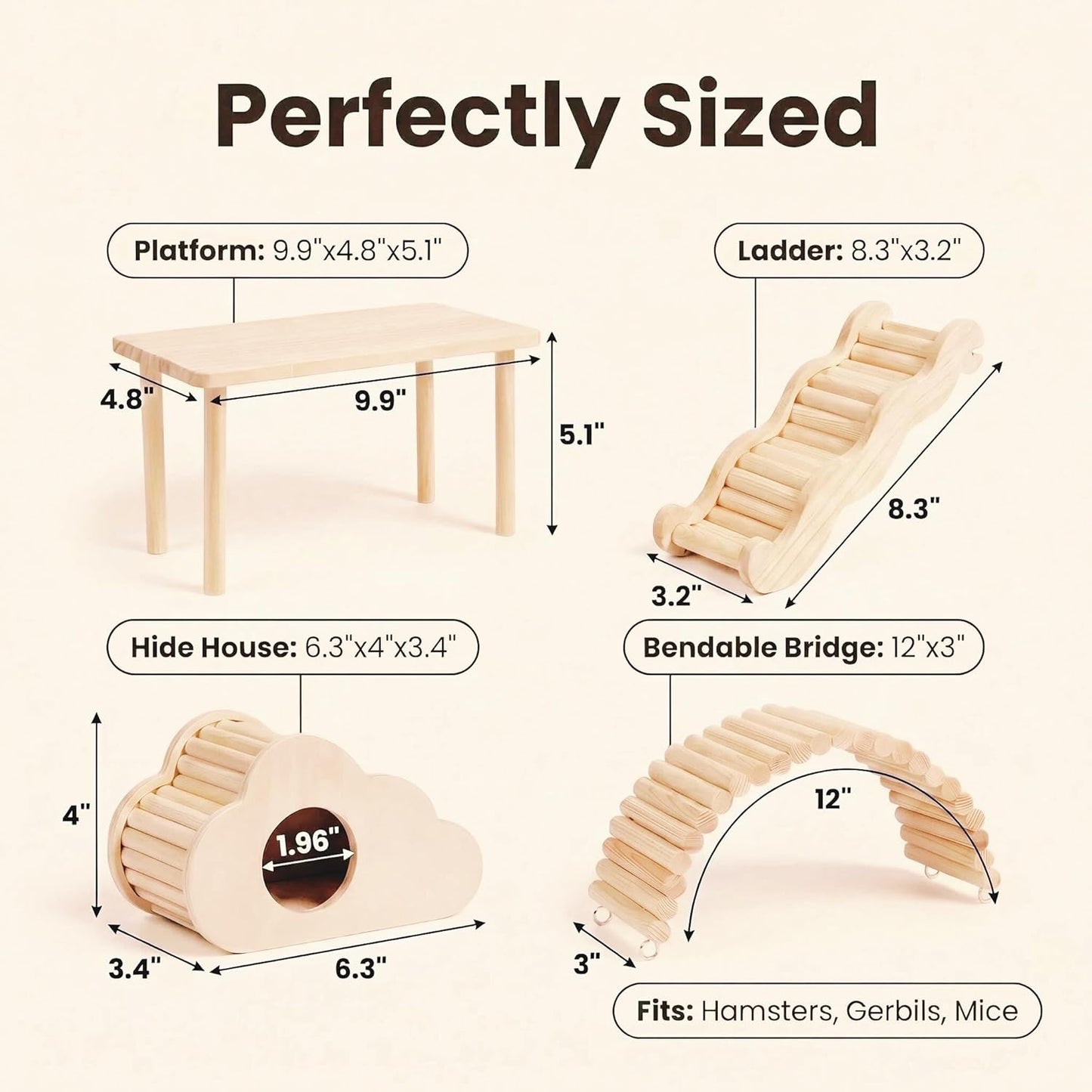Hamster Platforms Wooden Ladder Bendy Bridge Fence Hidden Play House | Hamster Game Climbing Toy with Platform Decor Cage Accessories for Dwarf Syrian Mice Degus Gerbils Squirrel Small Pets