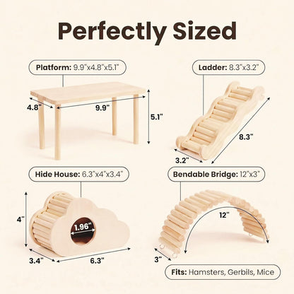 Hamster Platforms Wooden Ladder Bendy Bridge Fence Hidden Play House | Hamster Game Climbing Toy with Platform Decor Cage Accessories for Dwarf Syrian Mice Degus Gerbils Squirrel Small Pets