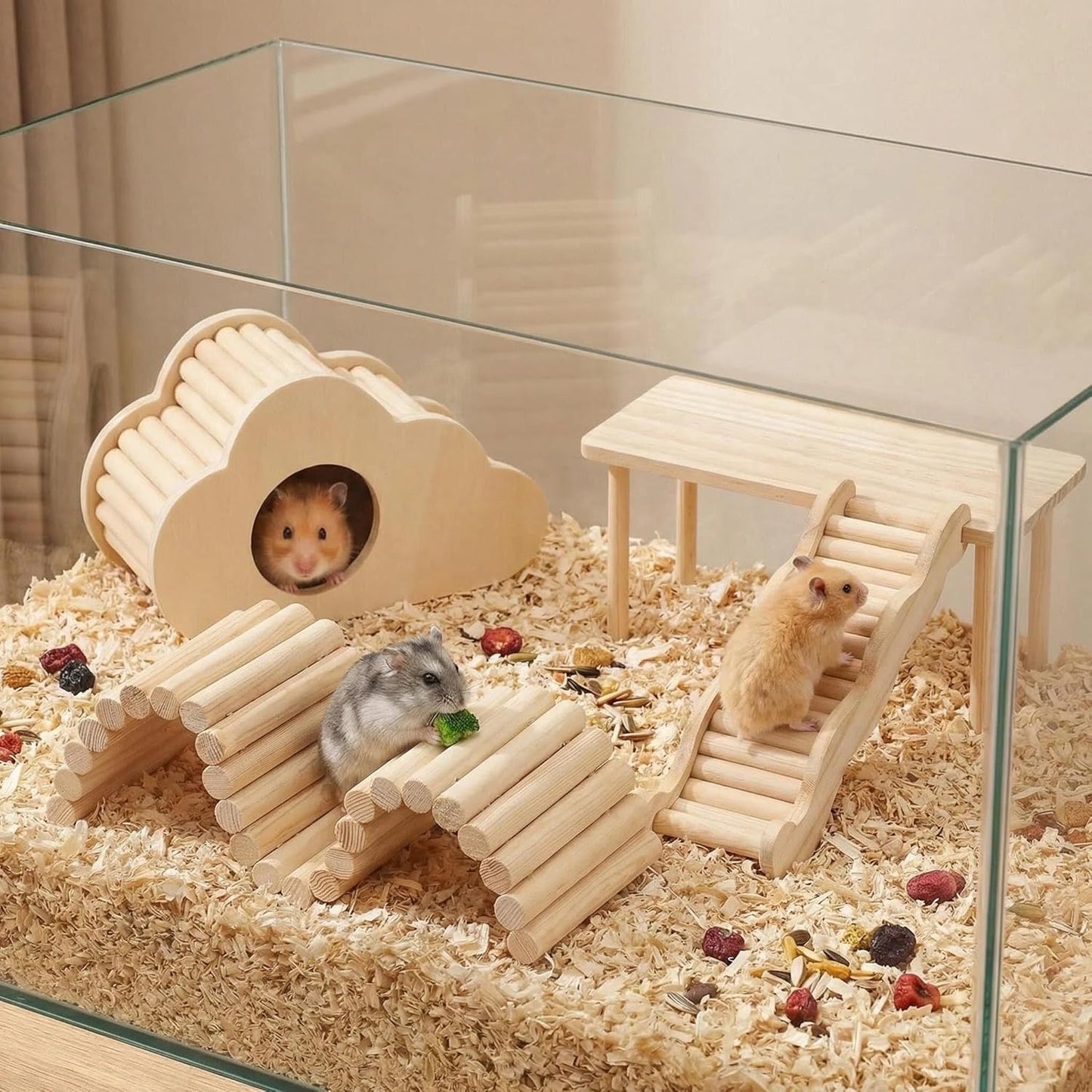 Hamster Platforms Wooden Ladder Bendy Bridge Fence Hidden Play House | Hamster Game Climbing Toy with Platform Decor Cage Accessories for Dwarf Syrian Mice Degus Gerbils Squirrel Small Pets