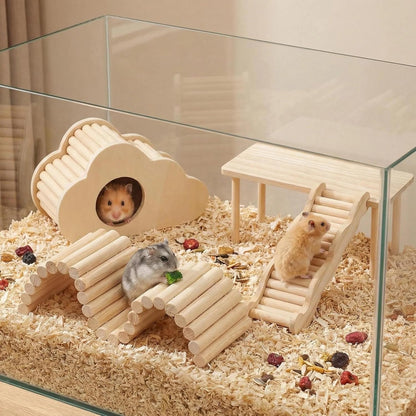 Hamster Platforms Wooden Ladder Bendy Bridge Fence Hidden Play House | Hamster Game Climbing Toy with Platform Decor Cage Accessories for Dwarf Syrian Mice Degus Gerbils Squirrel Small Pets
