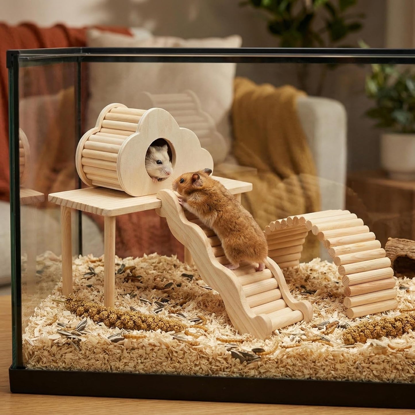Hamster Platforms Wooden Ladder Bendy Bridge Fence Hidden Play House | Hamster Game Climbing Toy with Platform Decor Cage Accessories for Dwarf Syrian Mice Degus Gerbils Squirrel Small Pets
