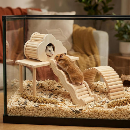 Hamster Platforms Wooden Ladder Bendy Bridge Fence Hidden Play House | Hamster Game Climbing Toy with Platform Decor Cage Accessories for Dwarf Syrian Mice Degus Gerbils Squirrel Small Pets