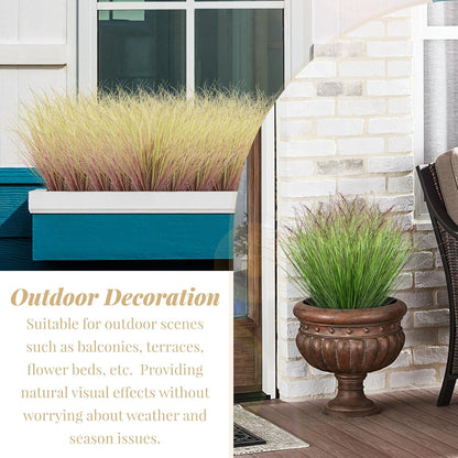 8 Bundles Artificial Plants Onion Grass Outdoor 17 Inch Tall Fake Shrubs Wheat Grass UV Resistant Greenery Stems Faux Bushes Plant for Indoor Outdoor Garden Office Home Decor（Green Red Tail）