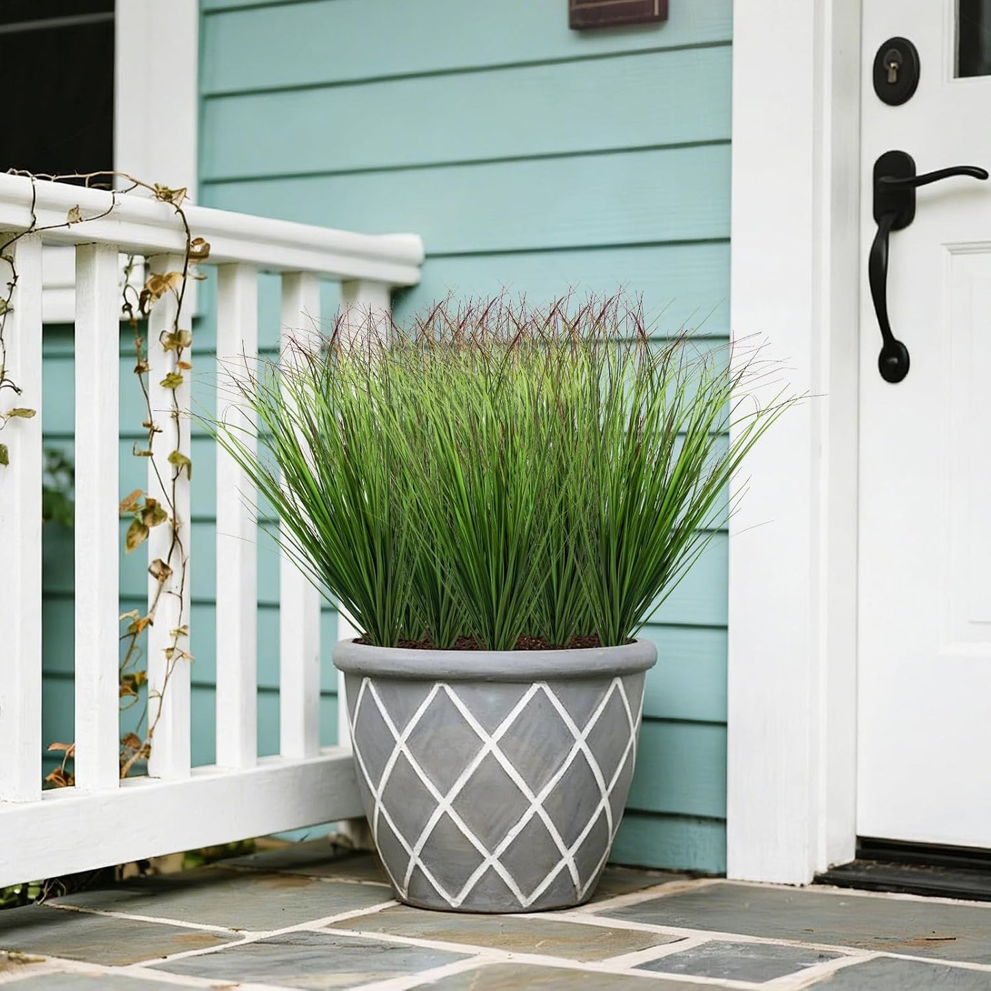 8 Bundles Artificial Plants Onion Grass Outdoor 17 Inch Tall Fake Shrubs Wheat Grass UV Resistant Greenery Stems Faux Bushes Plant for Indoor Outdoor Garden Office Home Decor（Green Red Tail）