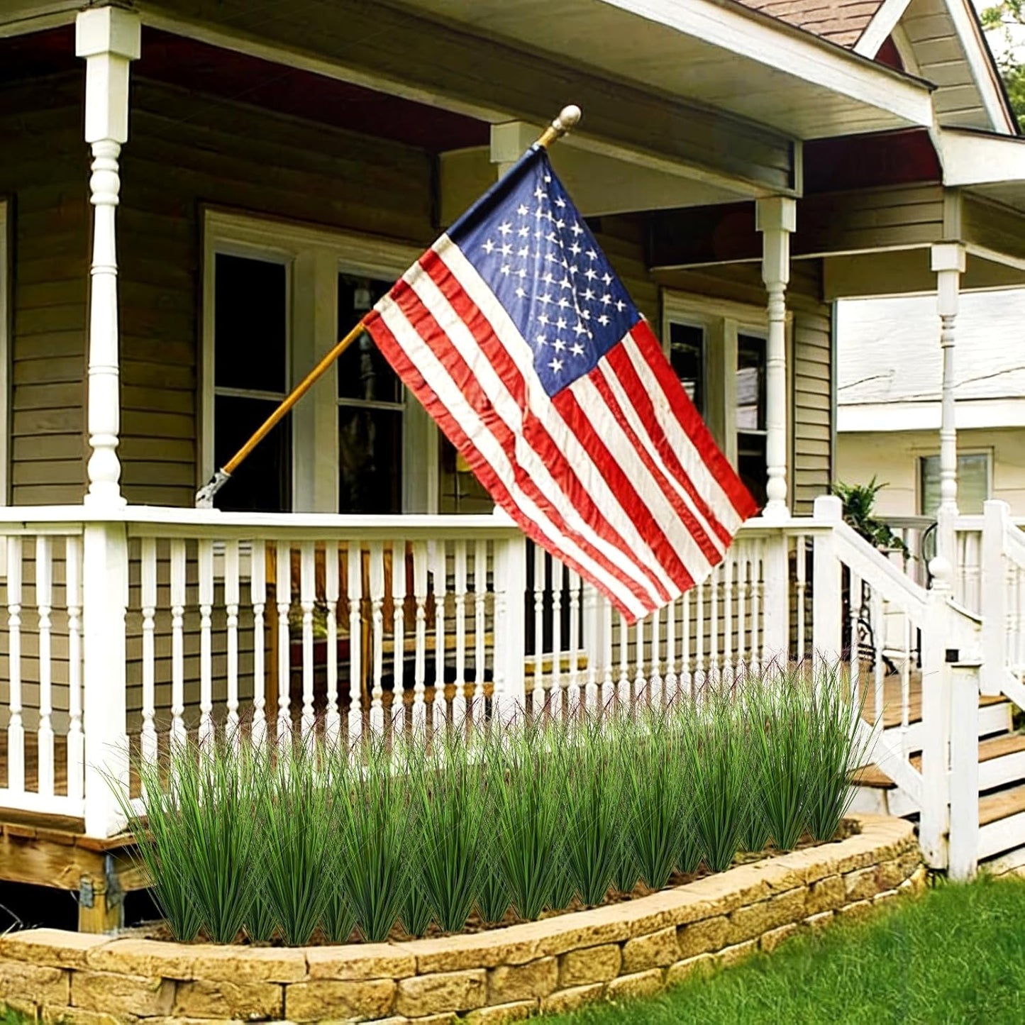 8 Bundles Artificial Plants Onion Grass Outdoor 17 Inch Tall Fake Shrubs Wheat Grass UV Resistant Greenery Stems Faux Bushes Plant for Indoor Outdoor Garden Office Home Decor（Green Red Tail）