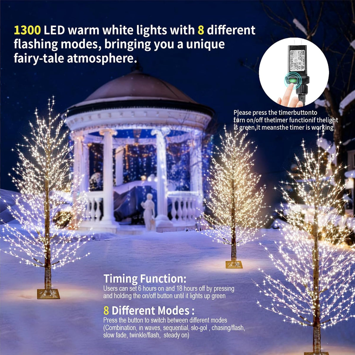 6FT Brown Lighted Birch Tree 1300LEDs Warm White Lights, Xmas Twinkle Tree with Timer,8 Lighting Modes IP44 Waterproof,Lighted Alpine Tree for Indoor Outdoor Festival Party Christmas Decor