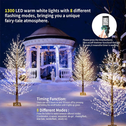6FT Brown Lighted Birch Tree 1300LEDs Warm White Lights, Xmas Twinkle Tree with Timer,8 Lighting Modes IP44 Waterproof,Lighted Alpine Tree for Indoor Outdoor Festival Party Christmas Decor