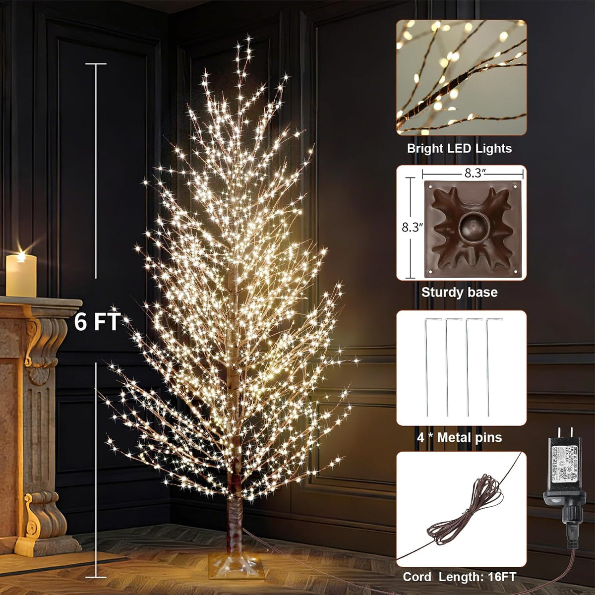 6FT Brown Lighted Birch Tree 1300LEDs Warm White Lights, Xmas Twinkle Tree with Timer,8 Lighting Modes IP44 Waterproof,Lighted Alpine Tree for Indoor Outdoor Festival Party Christmas Decor