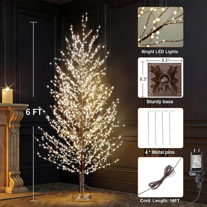 6FT Brown Lighted Birch Tree 1300LEDs Warm White Lights, Xmas Twinkle Tree with Timer,8 Lighting Modes IP44 Waterproof,Lighted Alpine Tree for Indoor Outdoor Festival Party Christmas Decor