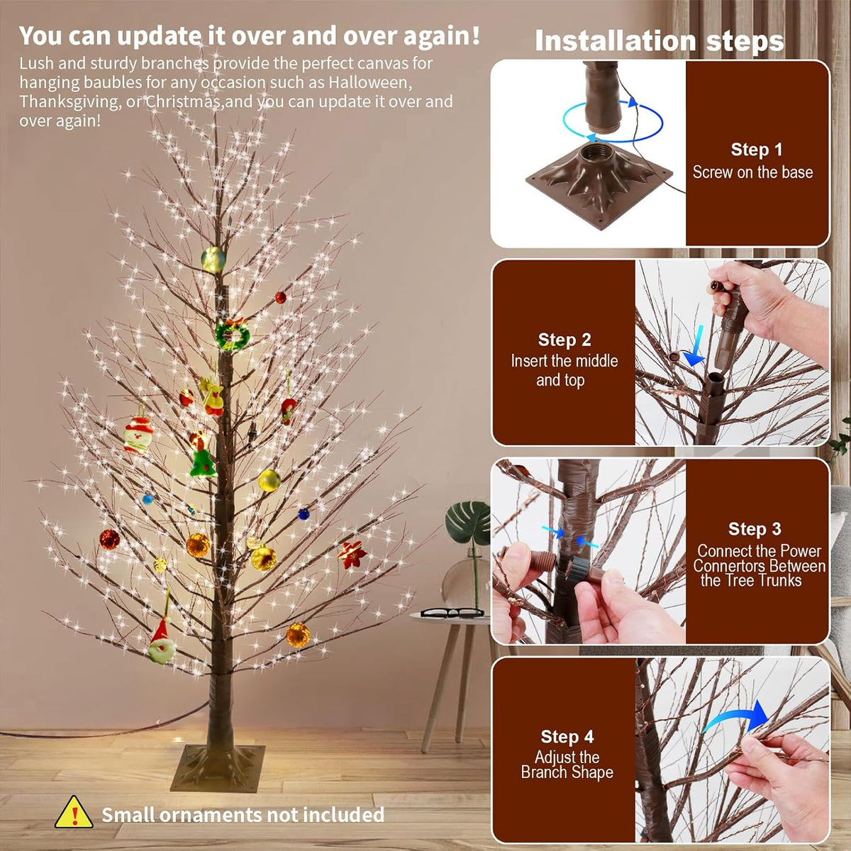 6FT Brown Lighted Birch Tree 1300LEDs Warm White Lights, Xmas Twinkle Tree with Timer,8 Lighting Modes IP44 Waterproof,Lighted Alpine Tree for Indoor Outdoor Festival Party Christmas Decor