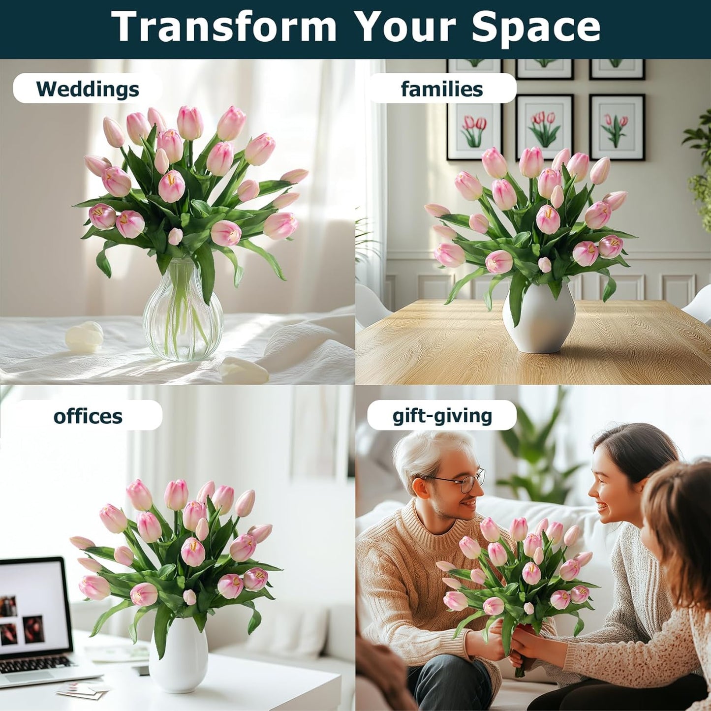 20PCS Fake Tulips Artificial Tulip Silk Flowers Fake PU Bouquet Artificial Flowers Faux Flowers with Gift Box Soft Faux Tulips Bouquets Arrangements for Party Wedding Home