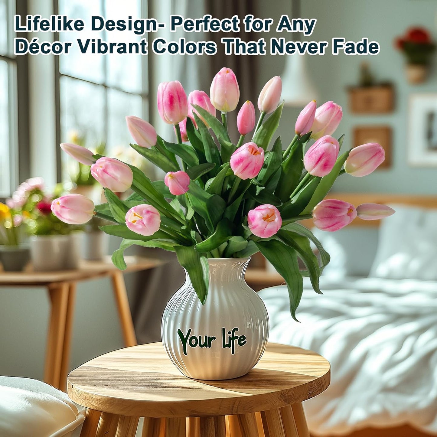 20PCS Fake Tulips Artificial Tulip Silk Flowers Fake PU Bouquet Artificial Flowers Faux Flowers with Gift Box Soft Faux Tulips Bouquets Arrangements for Party Wedding Home