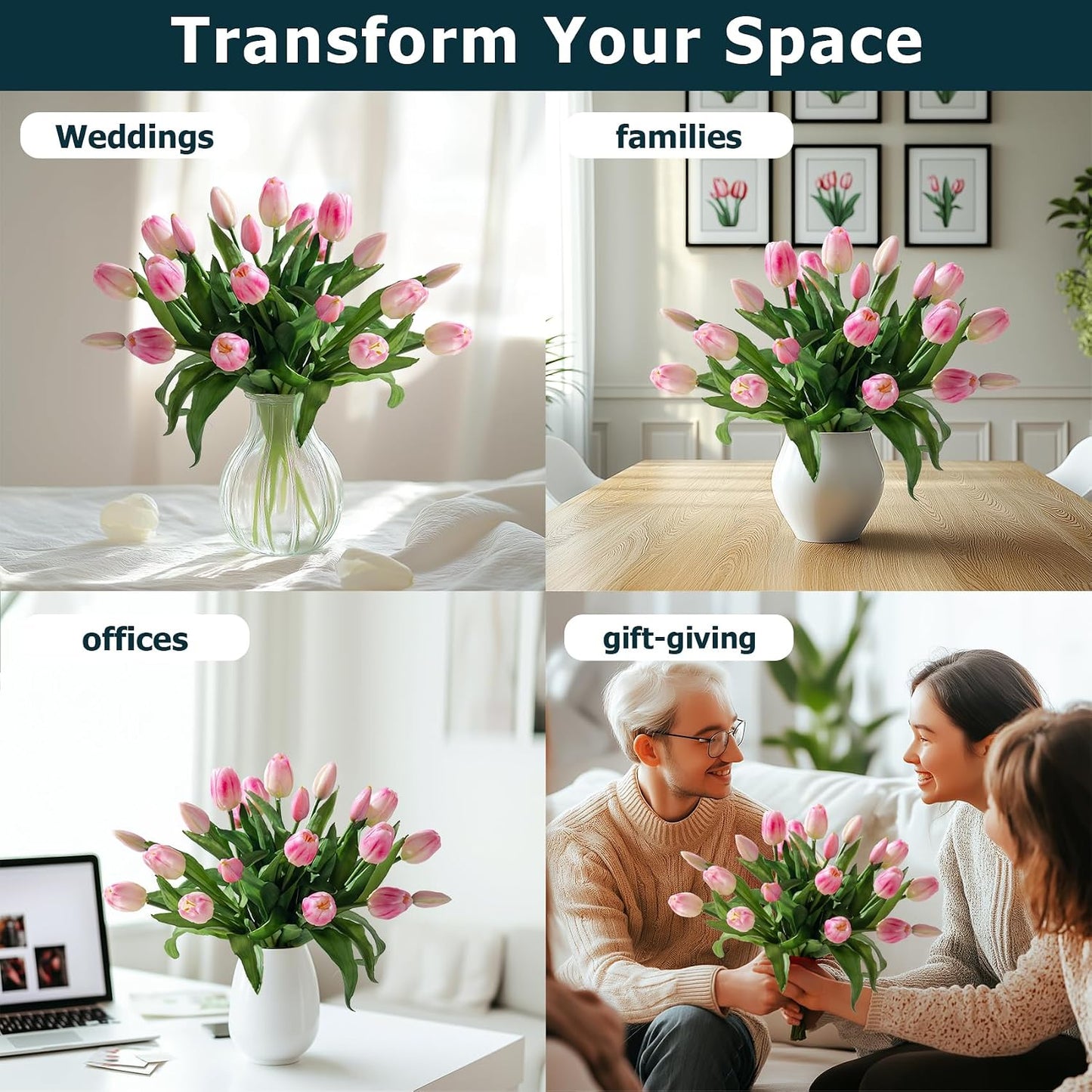 20PCS Fake Tulips Artificial Tulip Silk Flowers Fake PU Bouquet Artificial Flowers Faux Flowers with Gift Box Soft Faux Tulips Bouquets Arrangements for Party Wedding Home