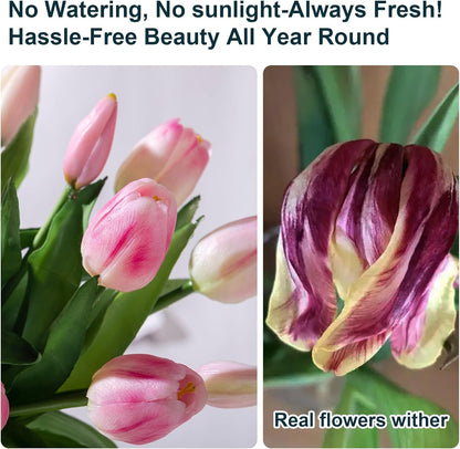 20PCS Fake Tulips Artificial Tulip Silk Flowers Fake PU Bouquet Artificial Flowers Faux Flowers with Gift Box Soft Faux Tulips Bouquets Arrangements for Party Wedding Home