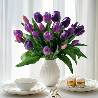20PCS Fake Tulips Artificial Tulip Silk Flowers Fake PU Bouquet Artificial Flowers Faux Flowers with Gift Box Soft Faux Tulips Bouquets Arrangements for Party Wedding Home