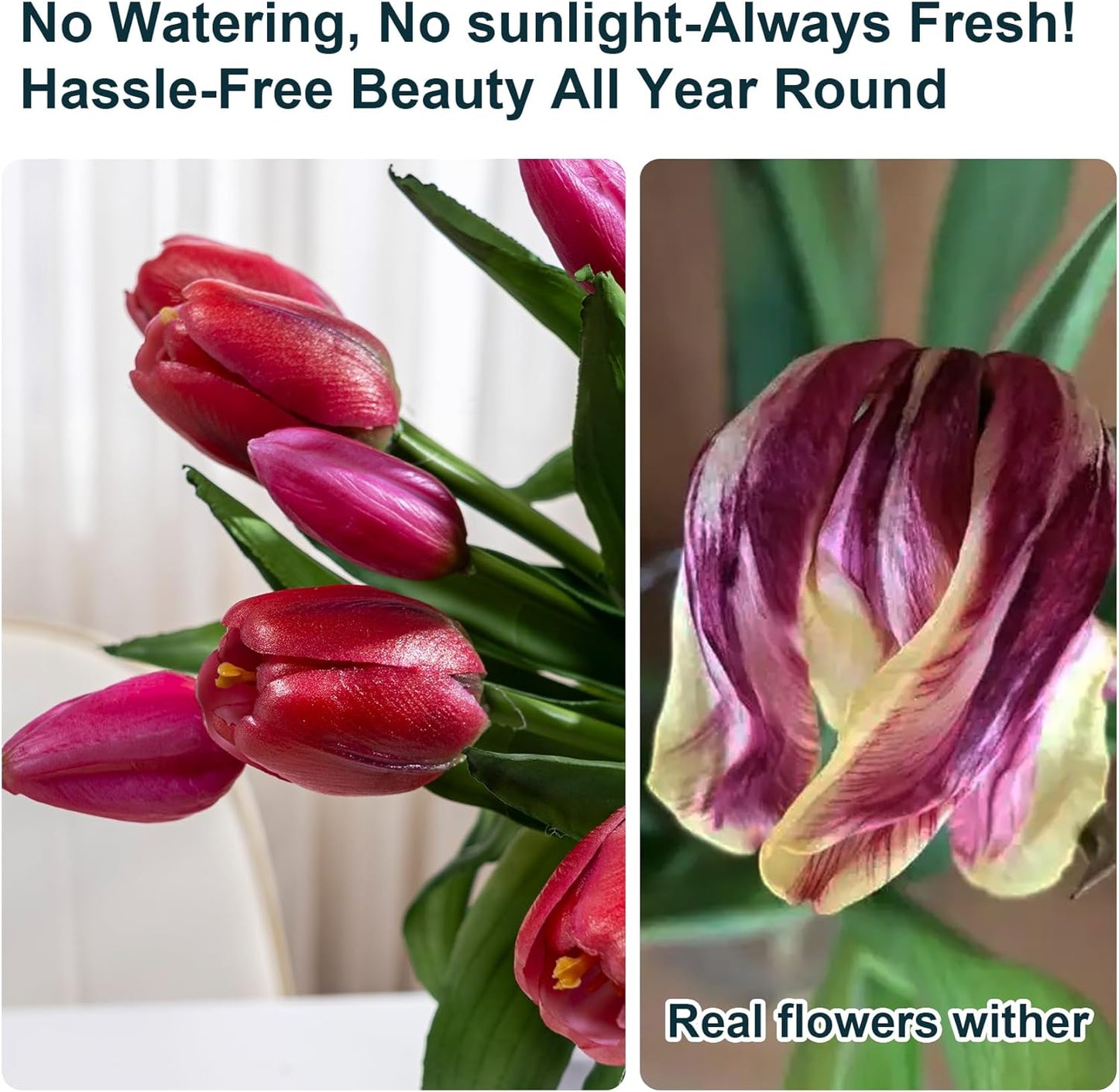 20PCS Fake Tulips Artificial Tulip Silk Flowers Fake PU Bouquet Artificial Flowers Faux Flowers with Gift Box Soft Faux Tulips Bouquets Arrangements for Party Wedding Home