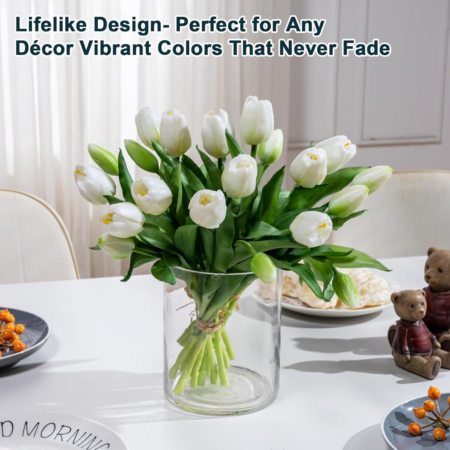 20PCS Fake Tulips Artificial Tulip Silk Flowers Fake PU Bouquet Artificial Flowers Faux Flowers with Gift Box Soft Faux Tulips Bouquets Arrangements for Party Wedding Home