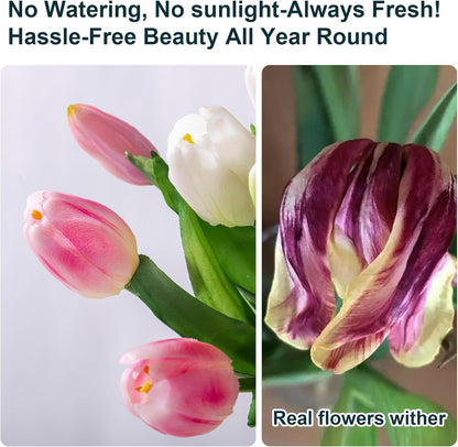20PCS Fake Tulips Artificial Tulip Silk Flowers Fake PU Bouquet Artificial Flowers Faux Flowers with Gift Box Soft Faux Tulips Bouquets Arrangements for Party Wedding Home