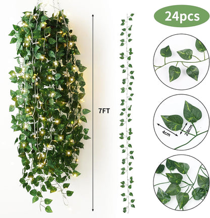 Fake Vines for Room Decor 24 Pack 168ft Artificial Ivy Greenery Garland for Bedroom Wall Decor, Hanging Green Leaves for Party Wedding Christmas Decoration