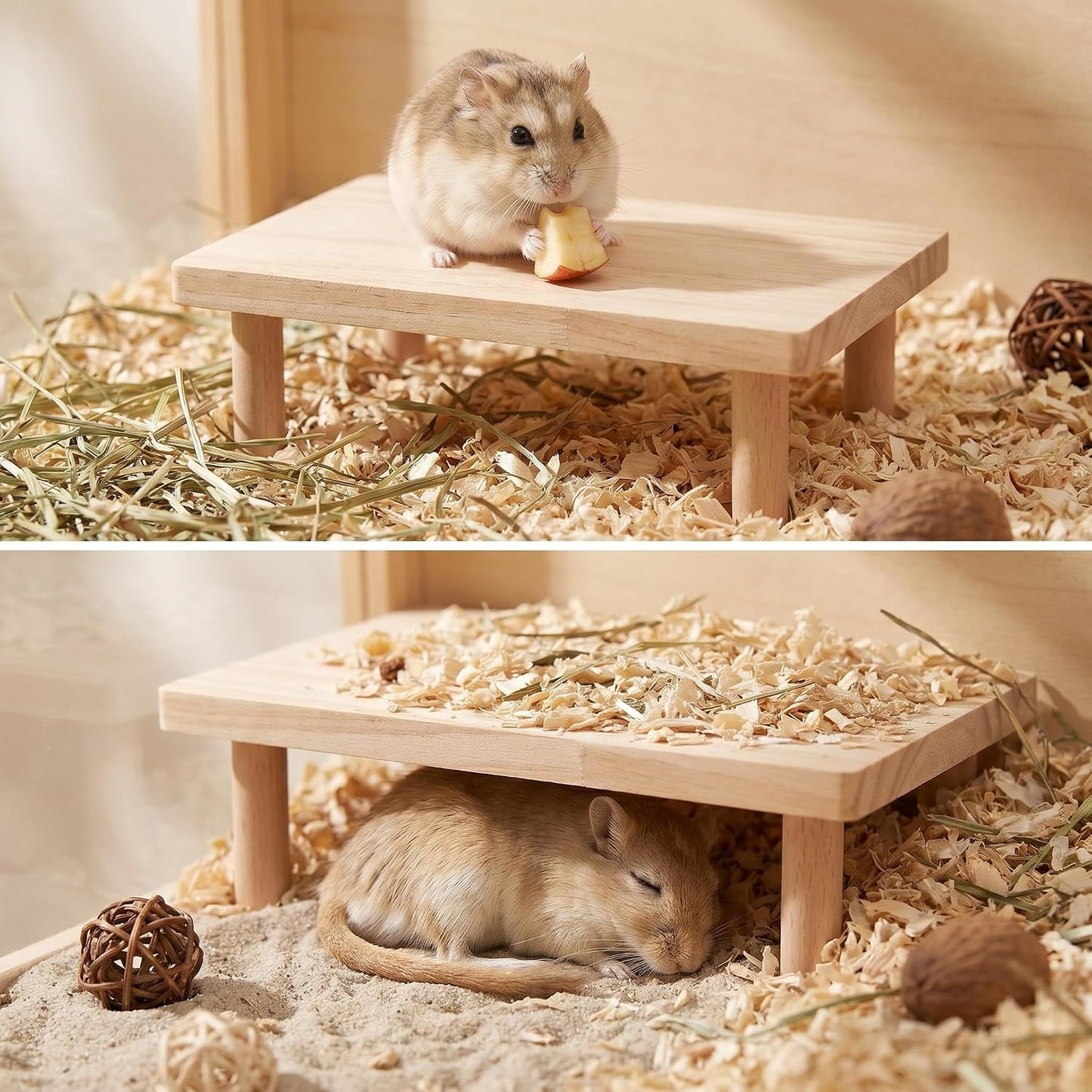 Hamster Play Platform Wooden Cage Accessory for Small Hamsters, Natural Multi-Level Climbing Playground & Rest Area, Enrichment Habitat Decor for Dwarf Syrian Hamsters