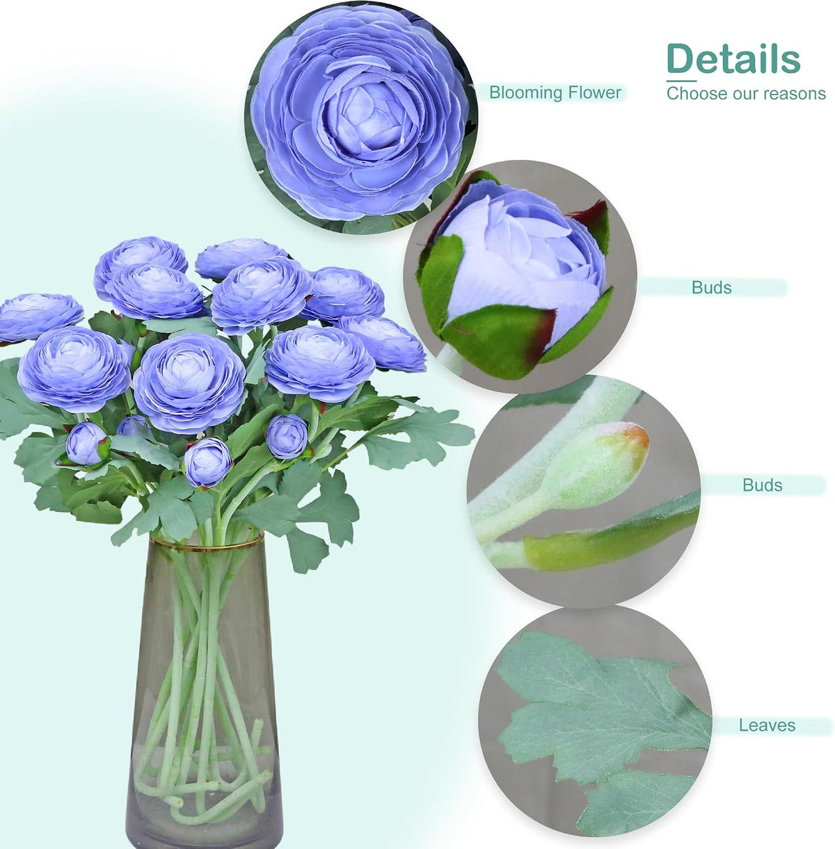 Artificial Ranunculus Flowers with Real Touch Stem, Silk Ranunculus Flowers (6 Pack) (White)