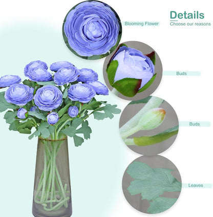 Artificial Ranunculus Flowers with Real Touch Stem, Silk Ranunculus Flowers (6 Pack) (White)